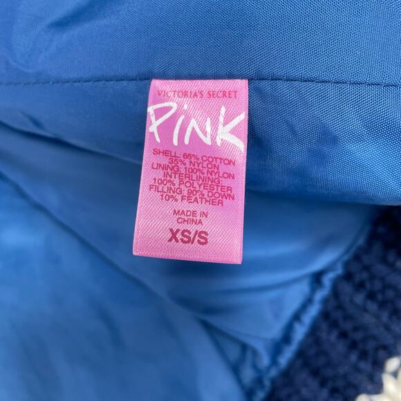 🔥PINK Victoria’s Secret Down Feather Spell Out Striped Trim Blue Vest Size XS/S - Picture 9 of 11